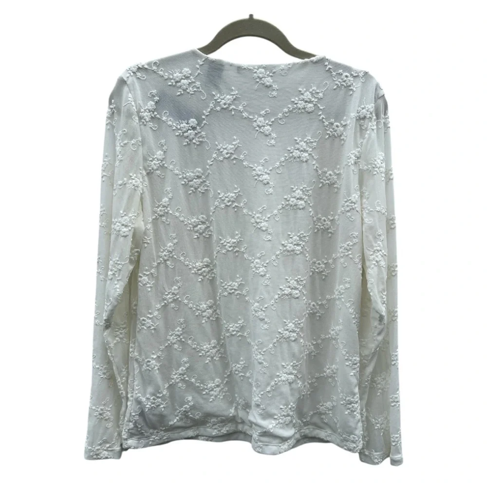 Liz Claiborne XL White Lace Embroidery Semi Sheer Long Sleeve Coquette Top NWT - Picture 4 of 15